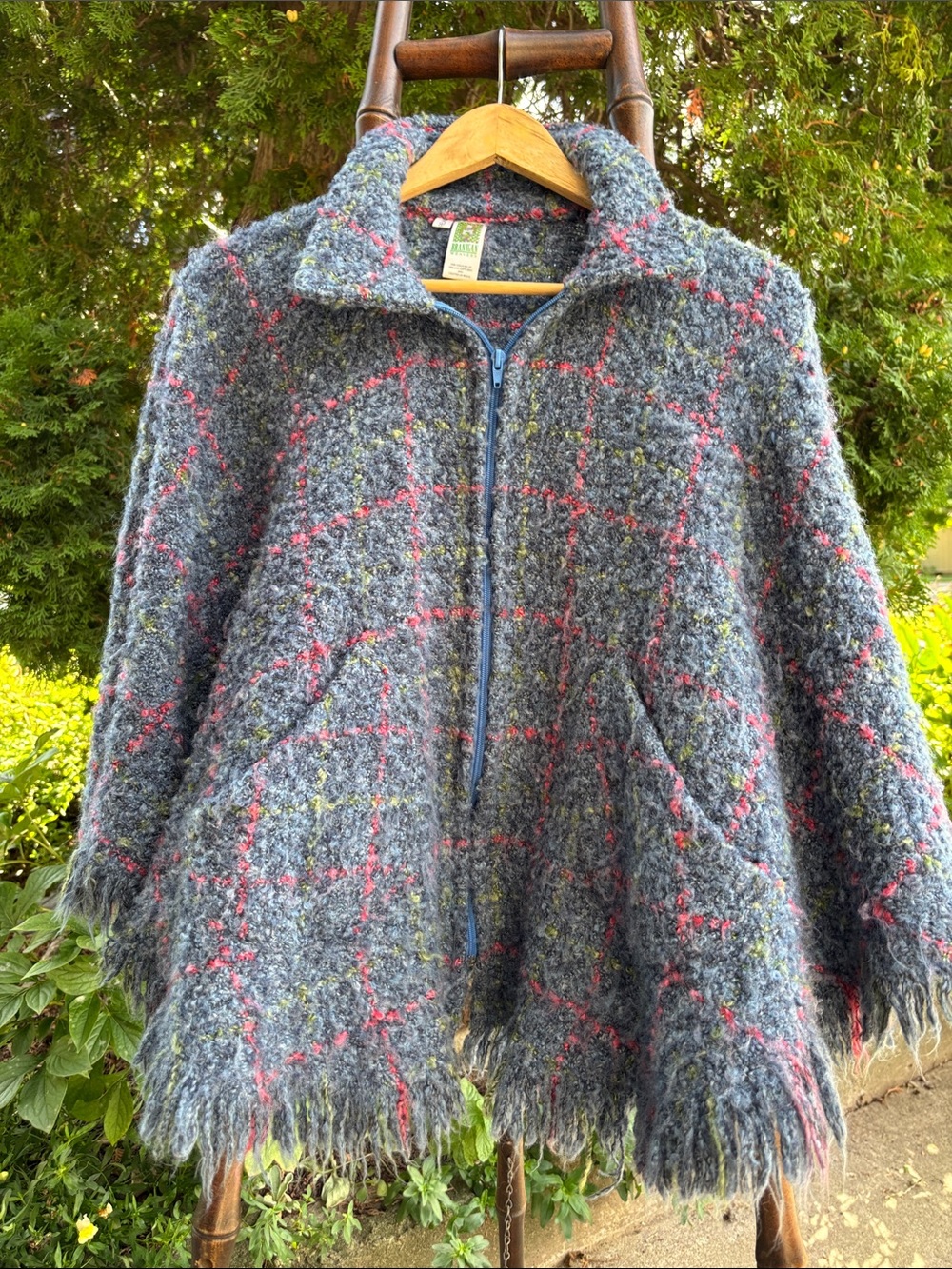Branigan weavers, Blue Bouclé Zip Poncho, Pink & Green Windowpane, Irish Wool